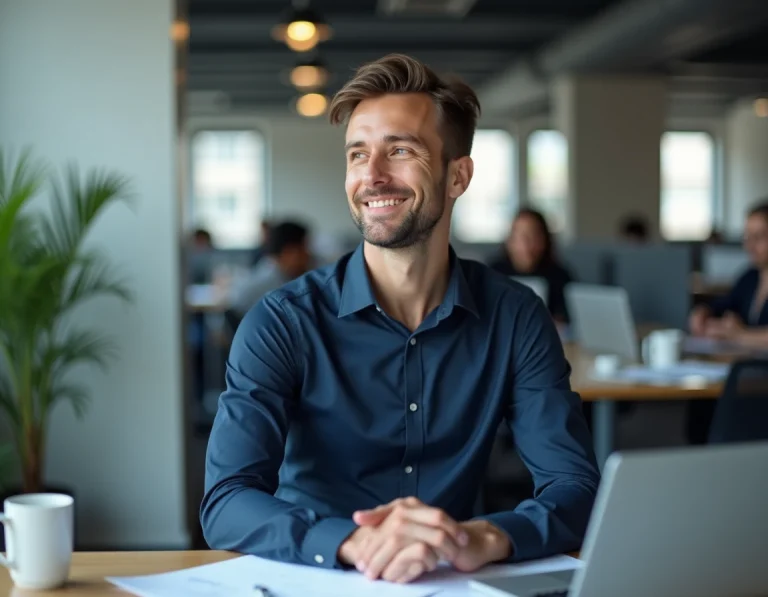 Homme marié au bureau regardant discrètement une collègue avec un sourire complice et distrait