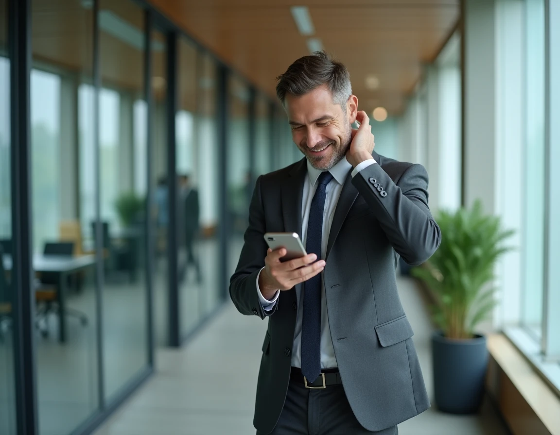 Homme en costume dans un couloir de bureau souriant discrètement à son téléphone avec une expression rêveuse