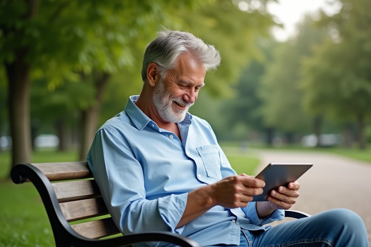 Homme relaxant dans un parc en consultant des conseils santé sur une tablette