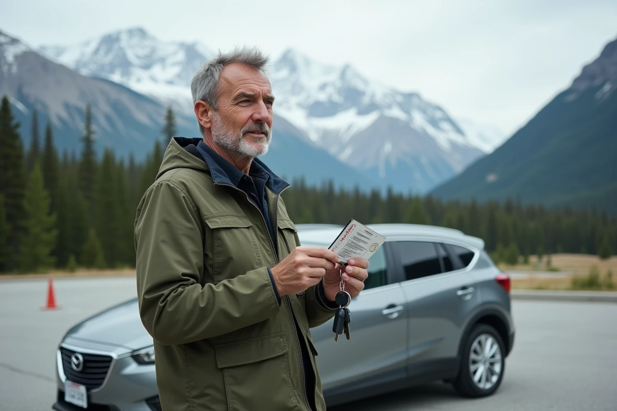 Homme tenant un permis de conduire international devant une voiture de location dans un paysage canadien montagneux