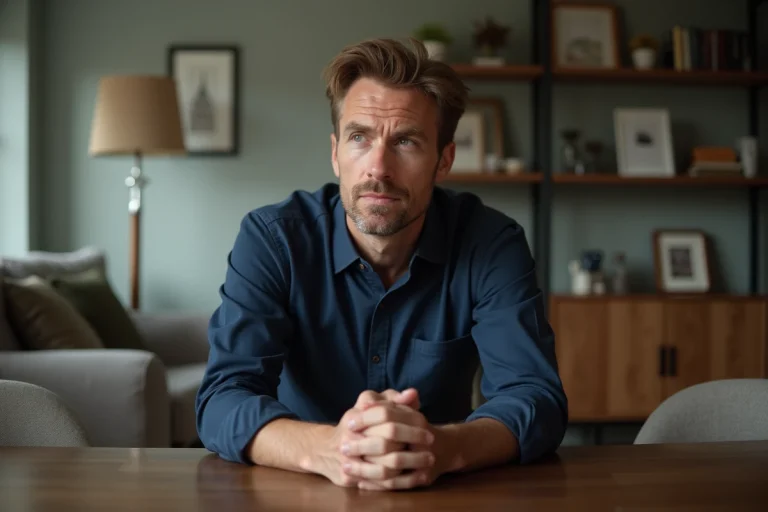 Homme pensif assis à une table dans un intérieur moderne