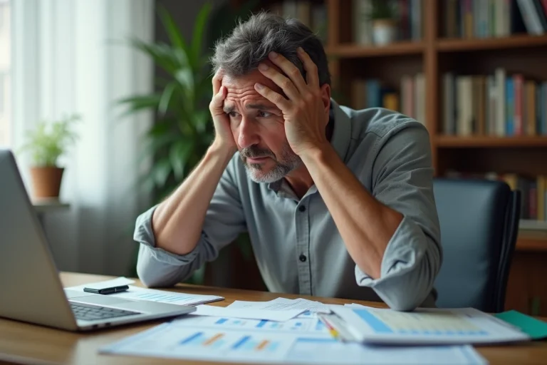 Homme stressé face à des documents financiers suite à un non-remboursement de crédit Flex LCL