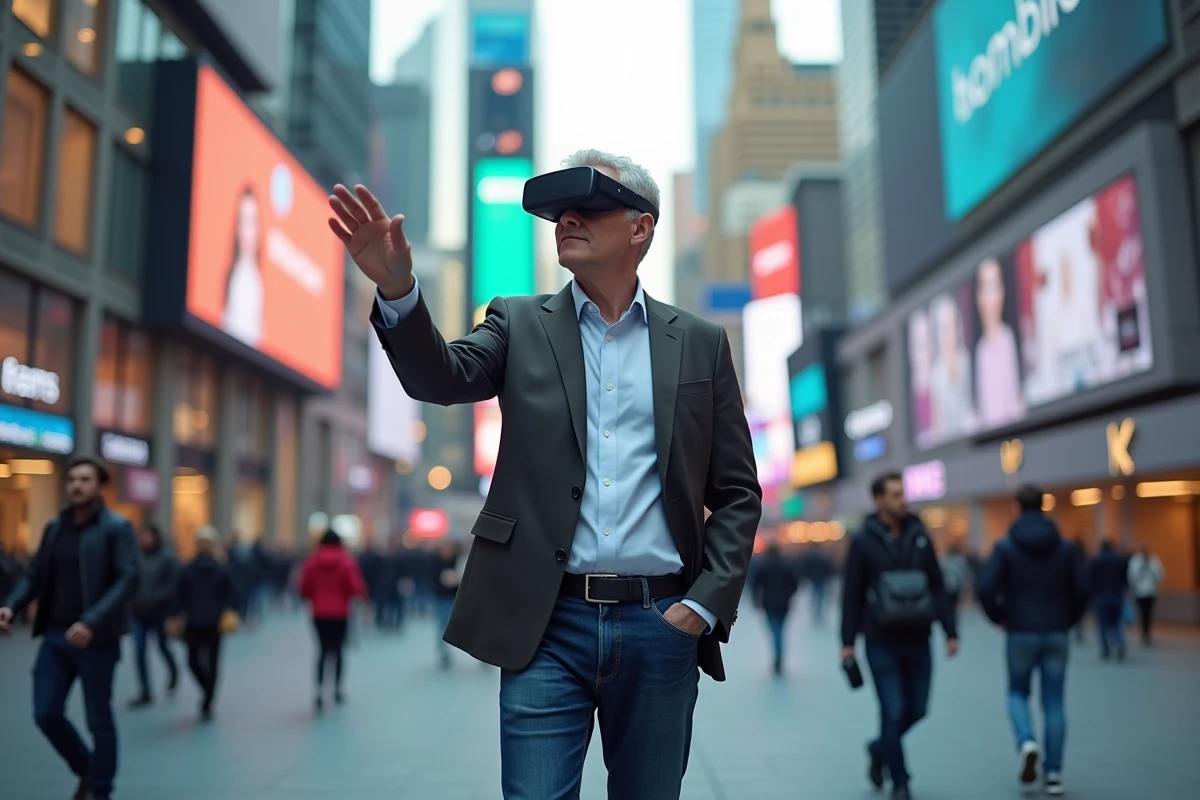 Homme avec lunettes AR dans la rue animée de la ville