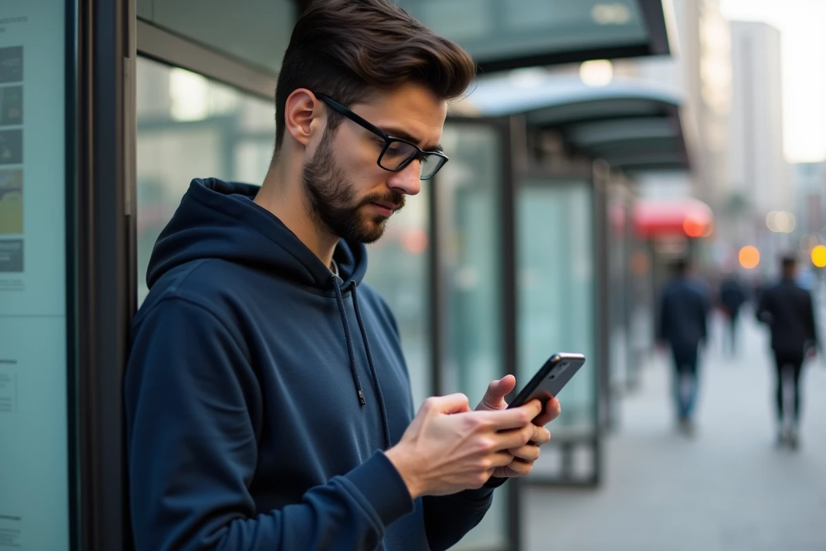 Jeune homme regardant son smartphone Linux en ville