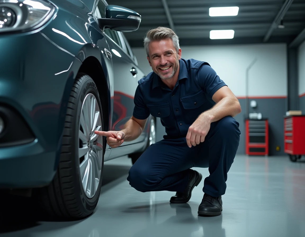 Technicien automobile examinant le marquage ZP sur le flanc d'un pneu runflat Michelin dans un garage professionnel