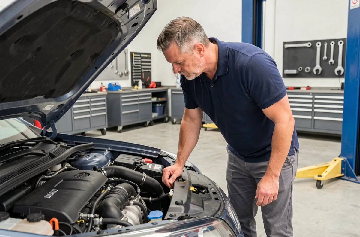 Ingénieur automobile inspectant le moteur 90 chevaux d'une voiture compacte dans un atelier, analyse de la puissance moteur et de la performance