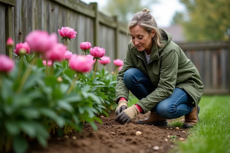 Femme jardiniere en pleine action dans le jardin avec des pivoines
