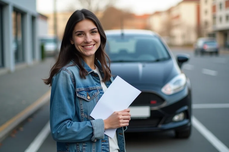 Jeune femme souriante avec document devant une voiture en parking