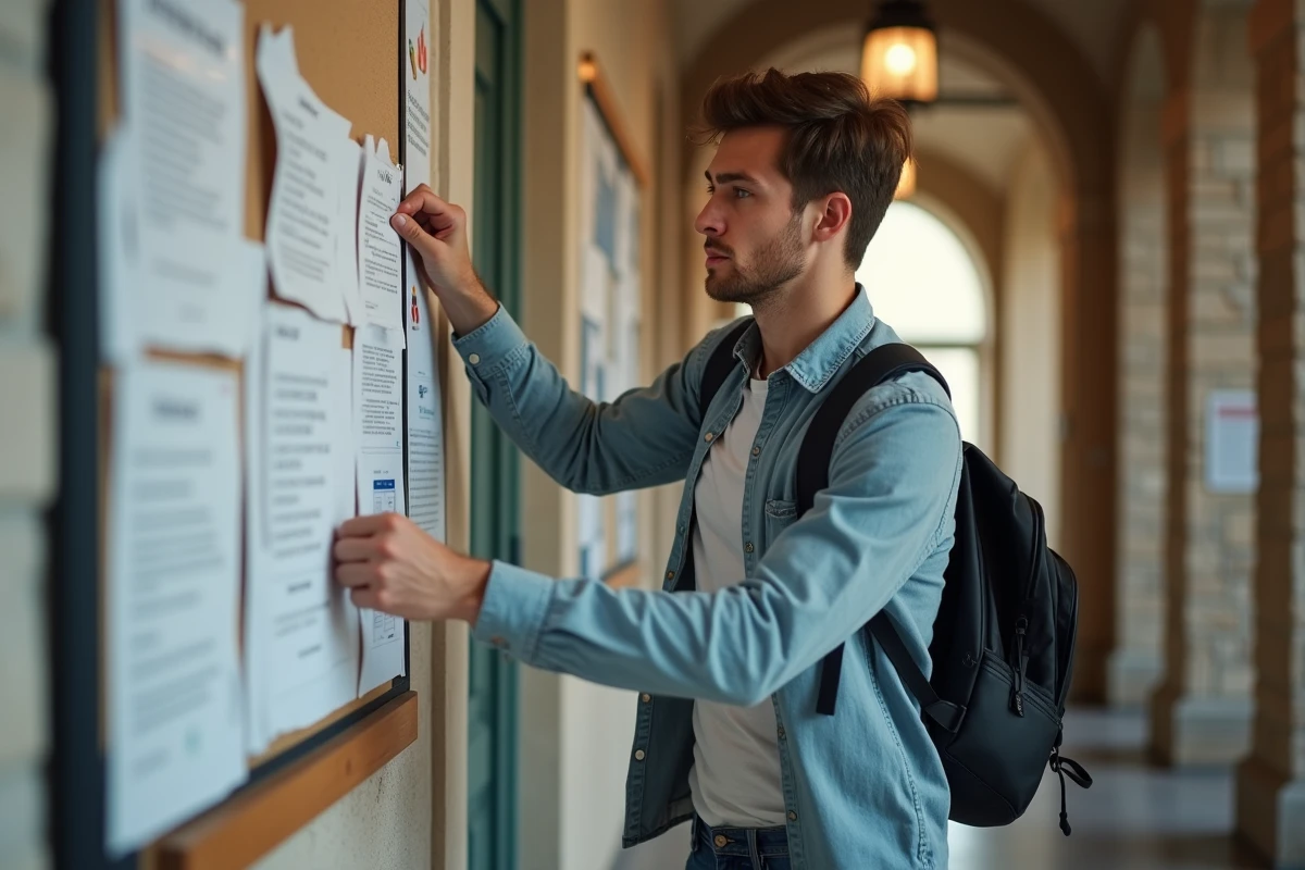 Jeune homme affichant sa candidature dans un couloir universitaire
