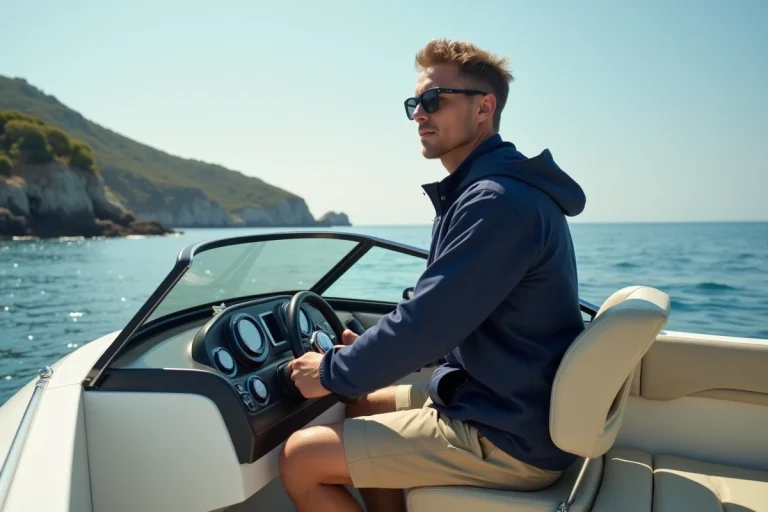 Jeune homme en windbreaker naviguant en bateau sur la mer