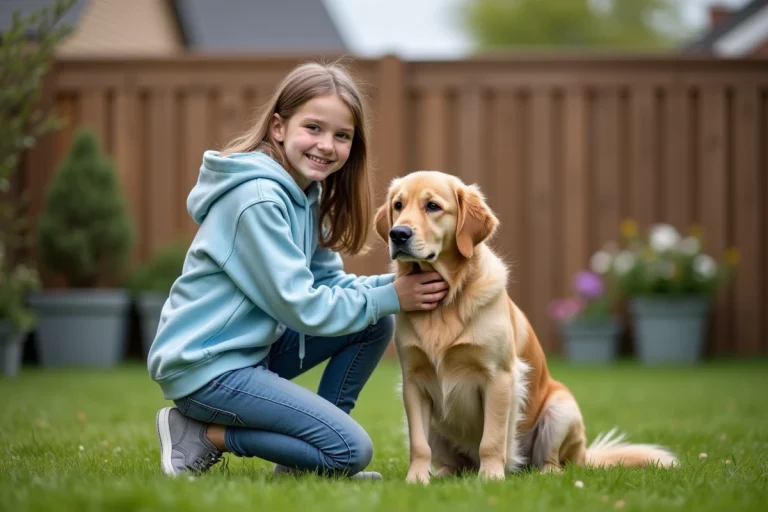 Jeune fille de 13 ans caressant un golden retriever dans un jardin, illustration de pet sitting pour adolescents