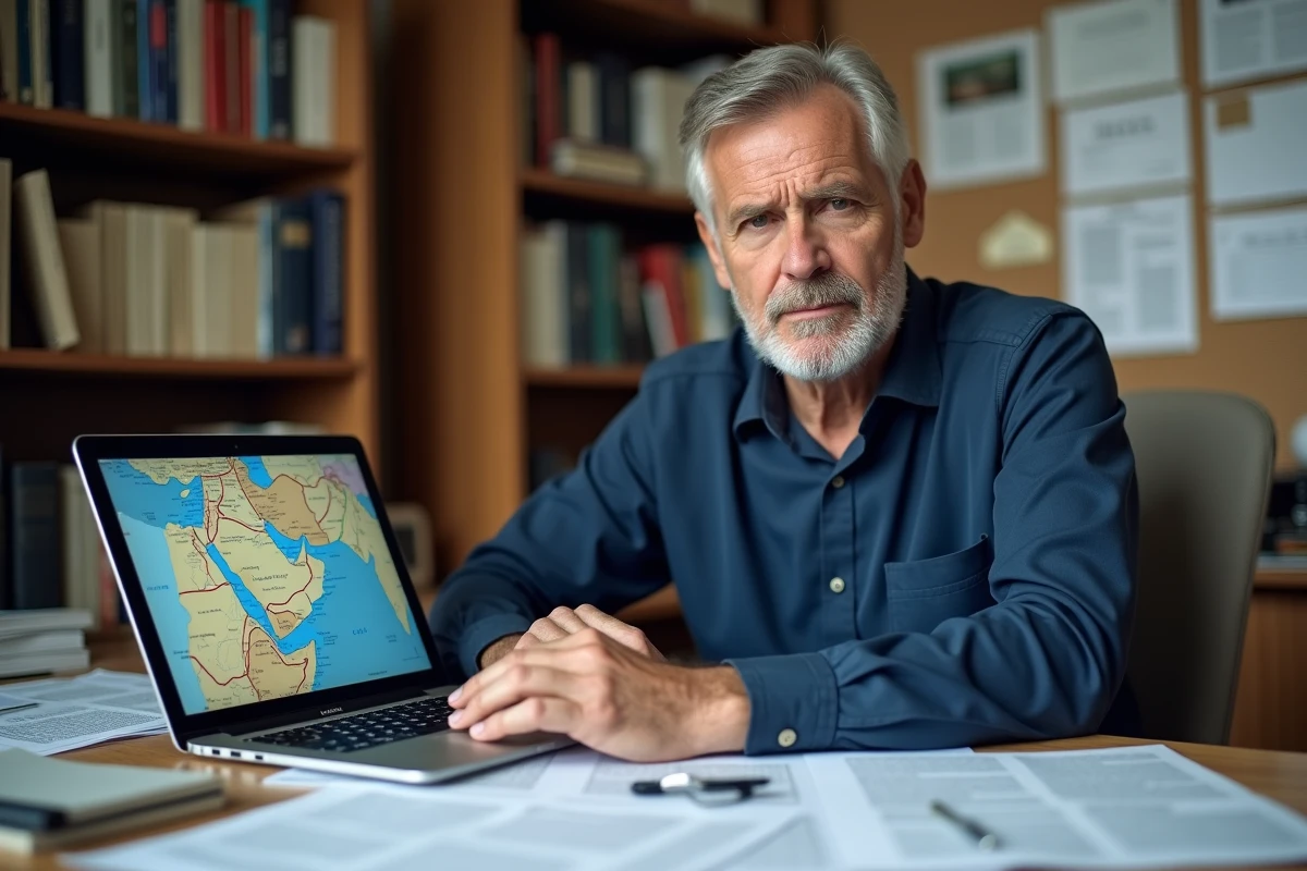Journaliste analysant des documents de recherche sur la géopolitique du Moyen-Orient dans un bureau encombré