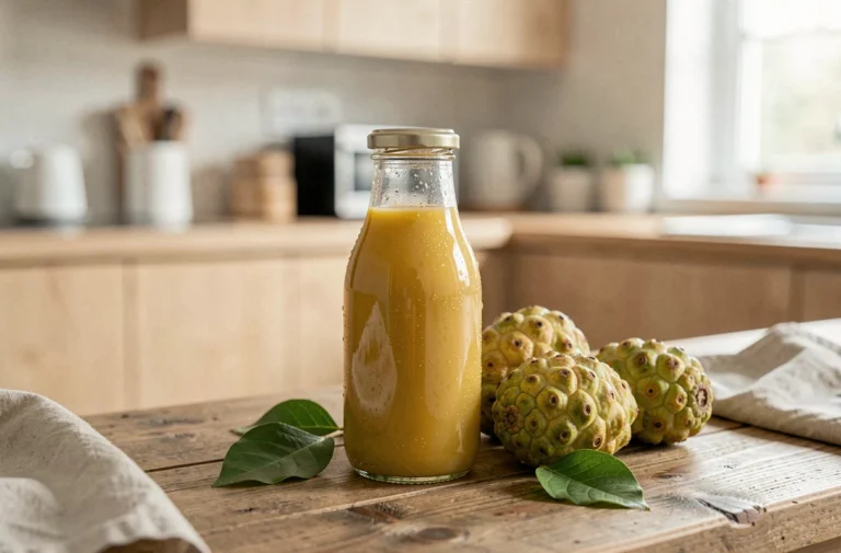 Bouteille de jus de noni bio avec fruits frais sur un comptoir en bois rustique pour une cure minceur naturelle