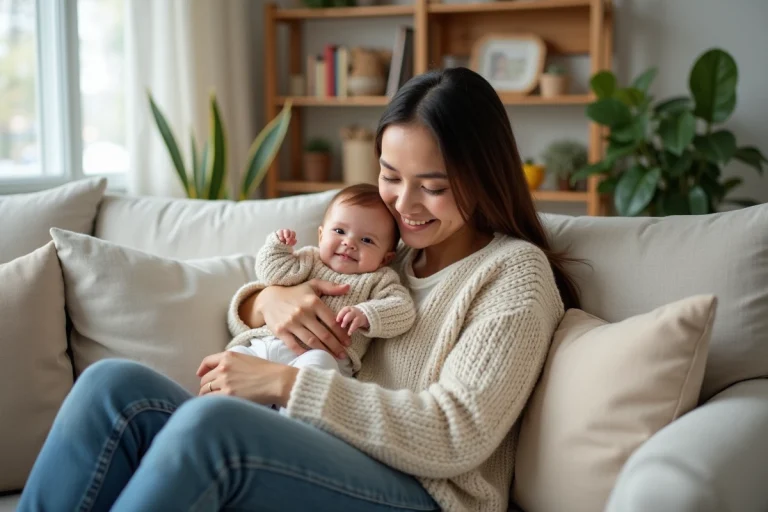 Jeune maman souriante avec son bébé dans un salon lumineux
