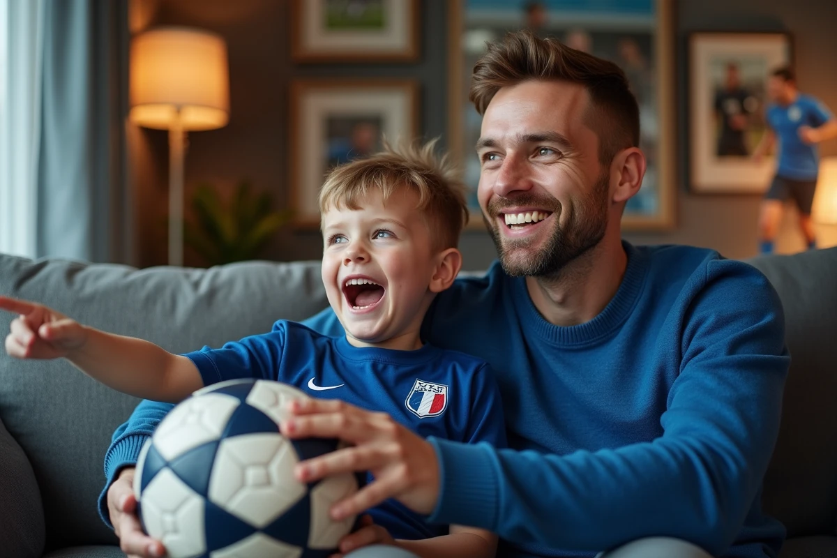Un père et son fils regardant le football dans le salon