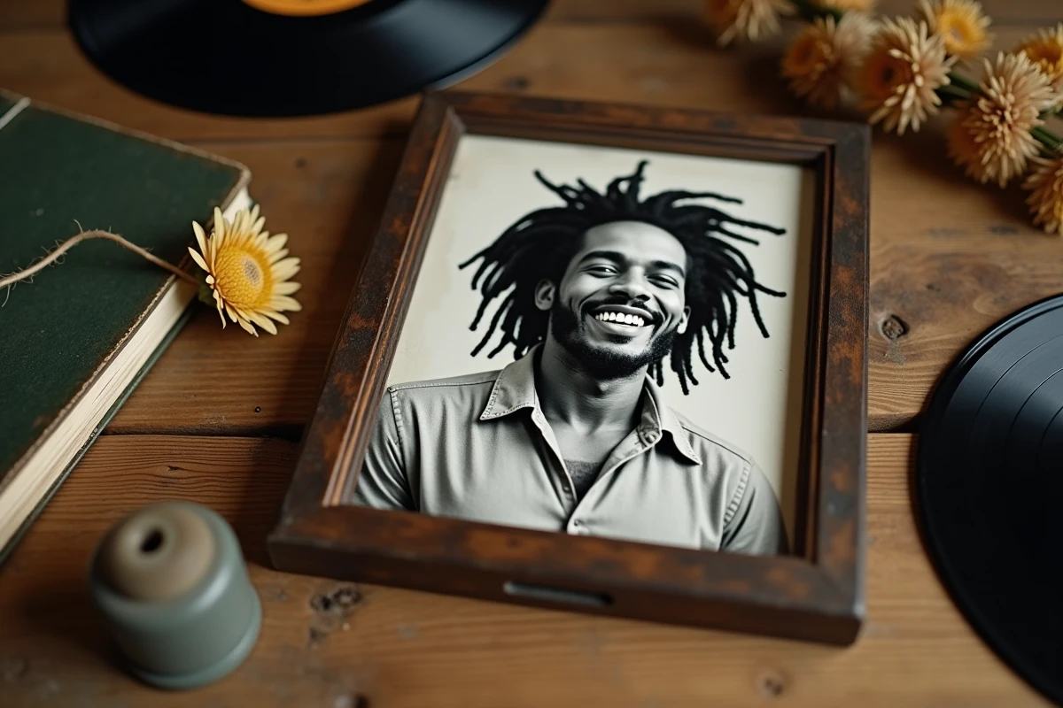 Portrait vintage encadré d'un musicien jamaïcain aux dreadlocks entouré de souvenirs des années 70, rappelant l'héritage et la biographie de Bob Marley