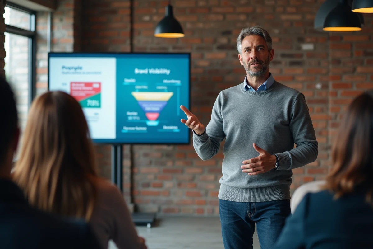 Homme présentant des métriques de stratégie marketing digital devant un écran dans un bureau de startup moderne
