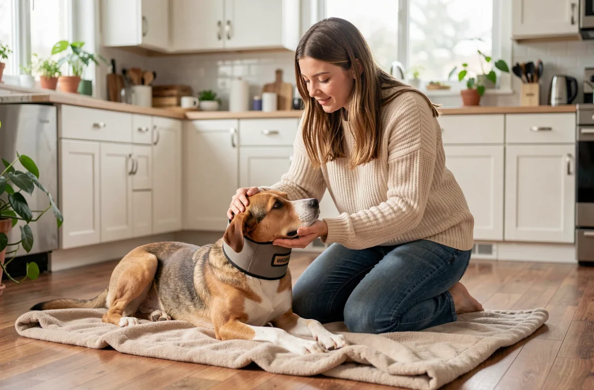 Jeune femme réconfortant son chien en convalescence après une stérilisation à la maison sur une couverture polaire