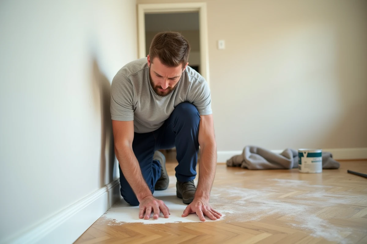 Homme effectuant des travaux de rénovation intérieure en appliquant du mastic sur une plinthe blanche dans un salon