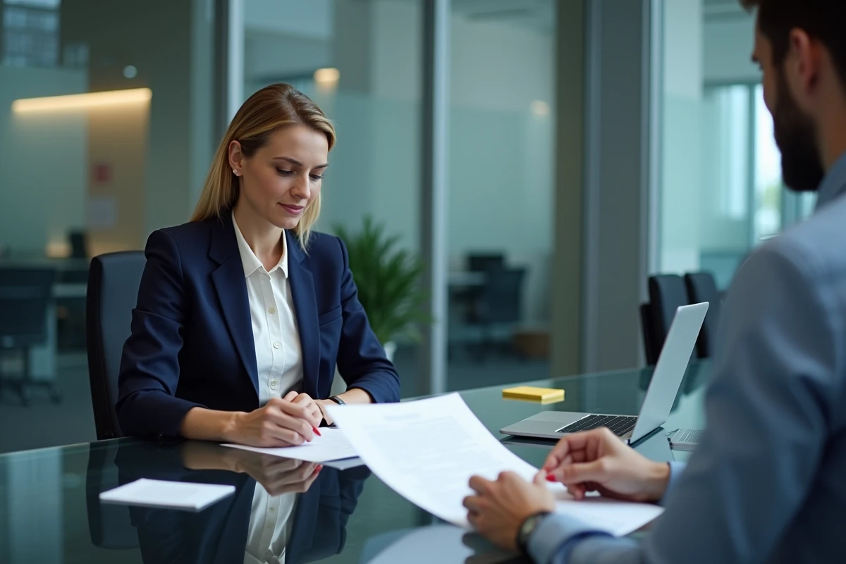 Réunion d'affaires entre une dirigeante d'entreprise et un conseiller financier pour discuter des créances postérieures au jugement d'ouverture
