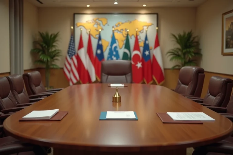 Salle de réunion diplomatique avec table ovale et drapeaux internationaux en arrière-plan, évoquant les négociations géopolitiques