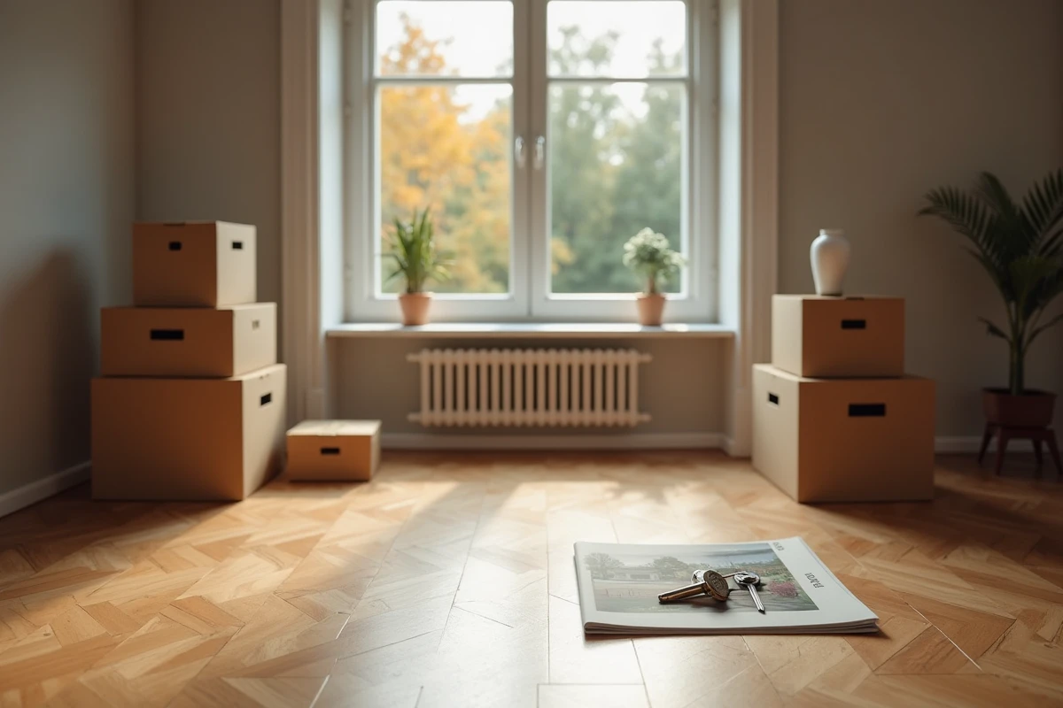Salon vide avec cartons et clés de maison lors d'une vente immobilière après séparation