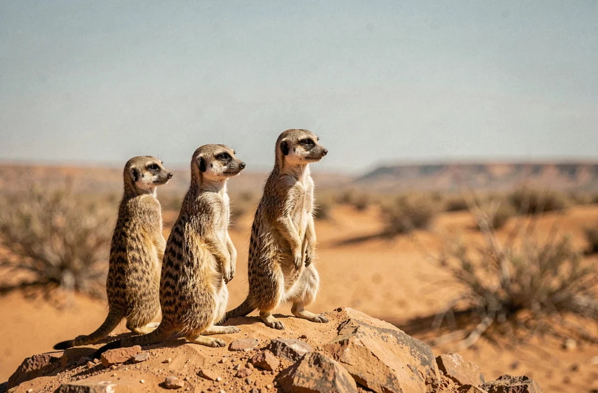 Groupe de suricates debout sur un monticule rocheux dans le désert du Kalahari, scène animalière réaliste et captivante