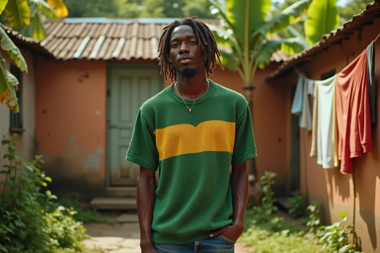 Musicien jamaïcain de grande taille en tenue décontractée dans une cour de Kingston, illustrant la stature imposante de Bob Marley