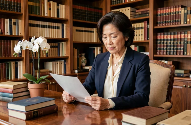 Femme élégante d'origine asiatique dans une bibliothèque raffinée, lisant des documents entourée de livres académiques, évoquant le profil discret et cultivé de Tamiko Bolton