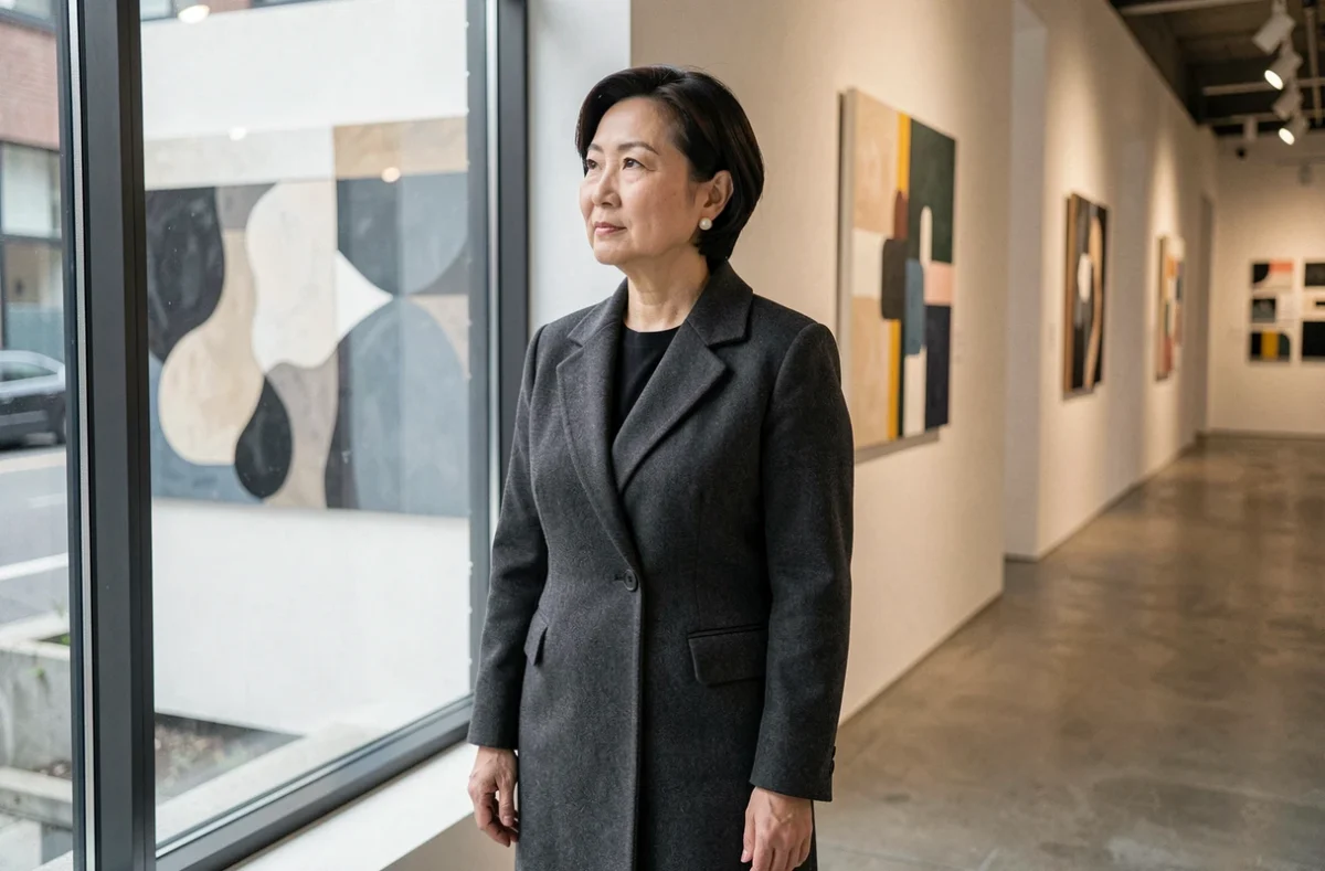 Femme distinguée de descendance japonaise-américaine dans une galerie d'art contemporaine, illustrant l'intérêt culturel et philanthropique de Tamiko Bolton