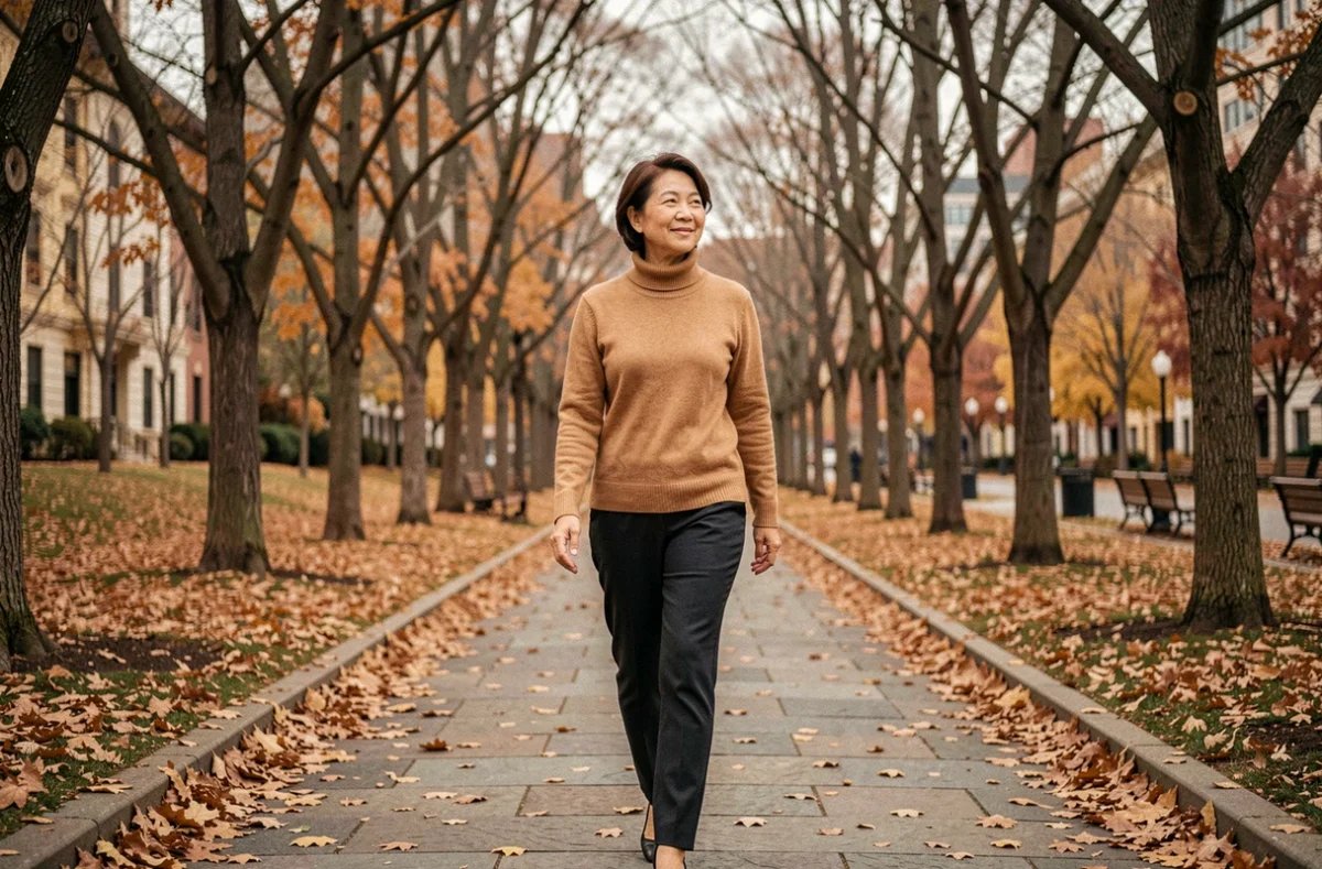 Femme élégante aux traits asiatiques se promenant dans un parc urbain en automne, évoquant la personnalité discrète et posée de Tamiko Bolton épouse de George Soros