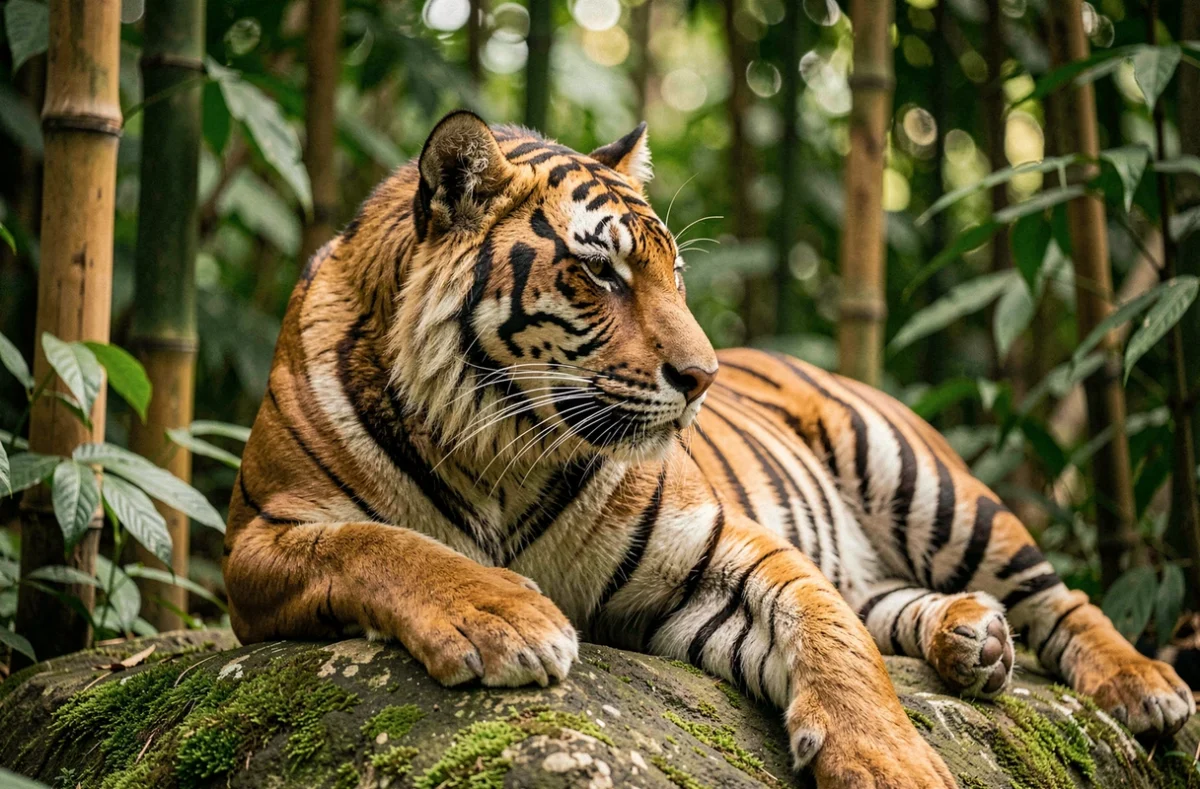 Tigre du Bengale au repos sur un rocher moussu dans la jungle indienne, portrait animalier détaillé et réaliste