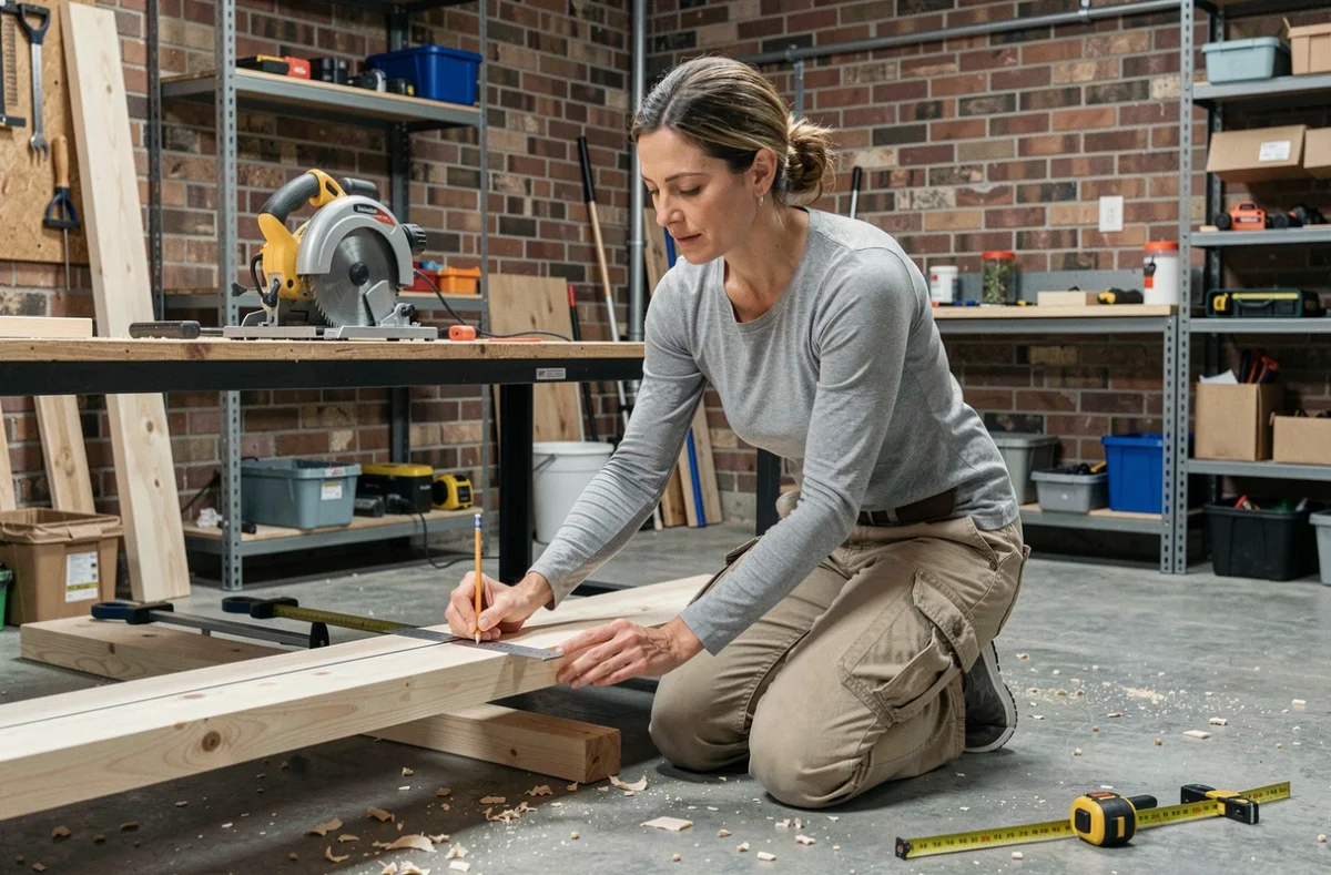 Femme traçant une ligne de coupe droite avec une équerre sur une planche en bois avant d'utiliser une scie circulaire dans un garage atelier