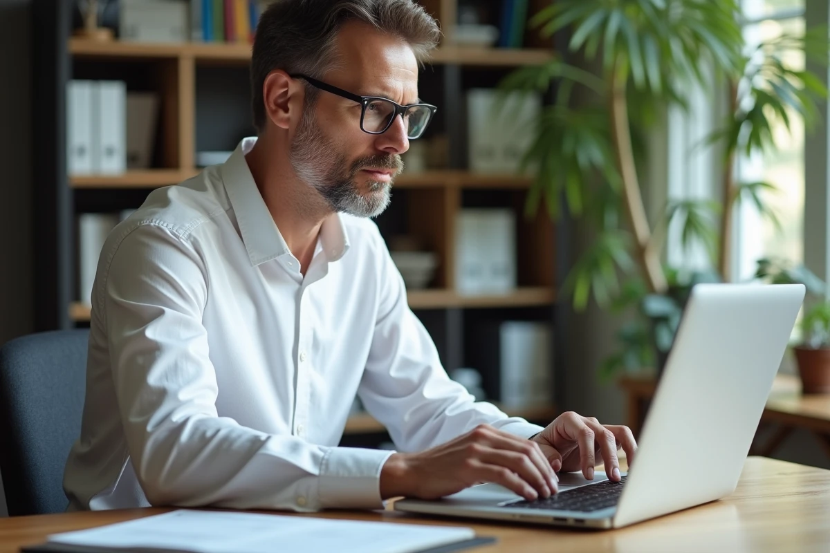 Homme consultant une procédure imprimée pour se reconnecter au webmail de l'académie de Lyon depuis son bureau à domicile
