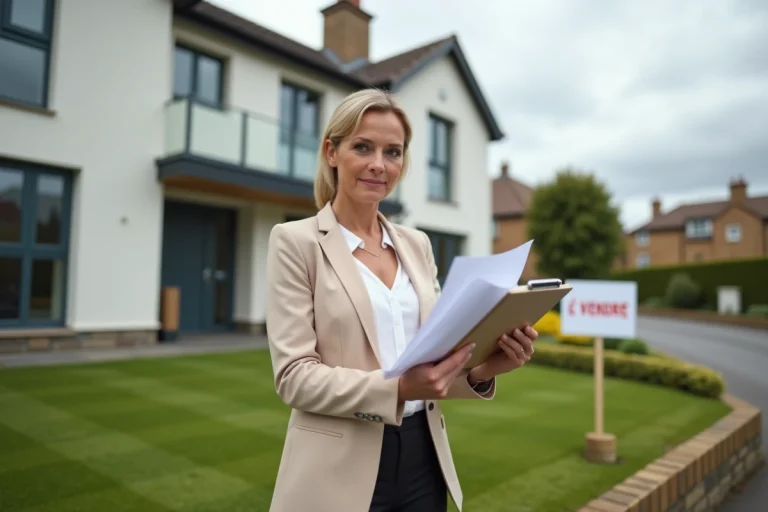 Femme devant une maison à vendre après un divorce tenant des documents immobiliers