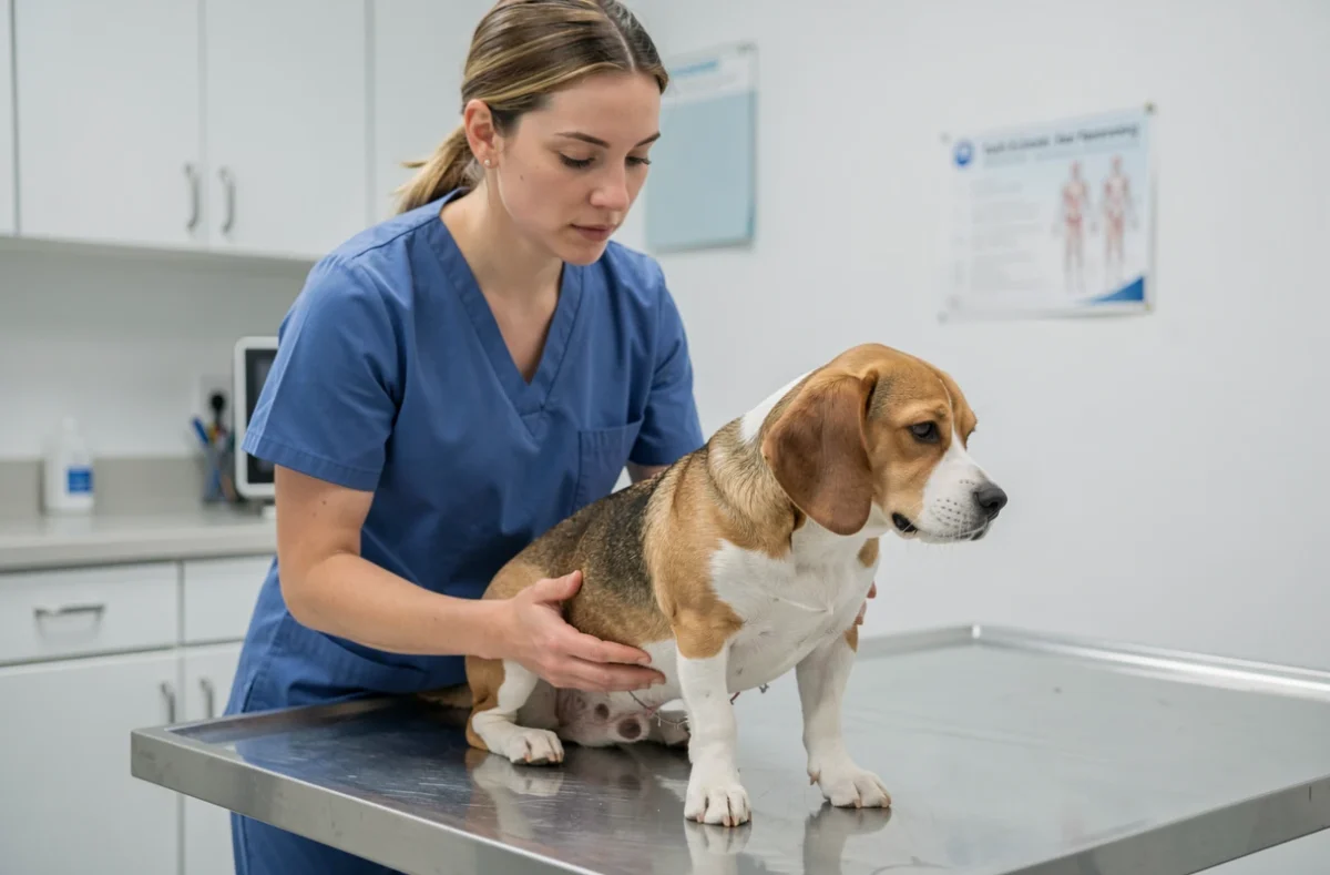 Vétérinaire examinant un beagle après une opération de stérilisation sur une table d'examen en clinique vétérinaire