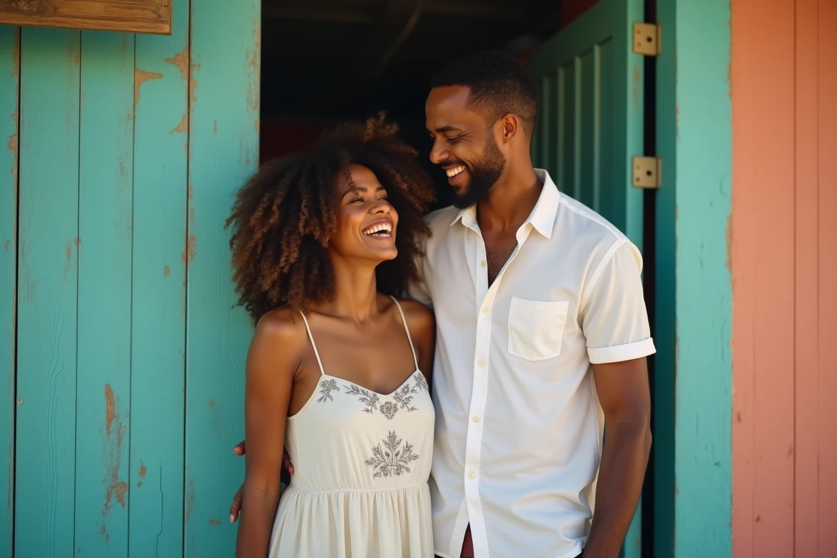 Couple complice devant une boutique colorée des Caraïbes, évoquant la vie amoureuse et les relations sentimentales de Bob Marley